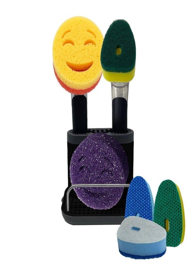 Smilyeez المقبض الأصلي المبتسم مع موزع الصابون للإسفنجة المبتسمة مع حامل سمايليز، وعصا غسل الأطباق مع الإسفنج، واثنين من موجي التنظيف (أسود) - Image 1